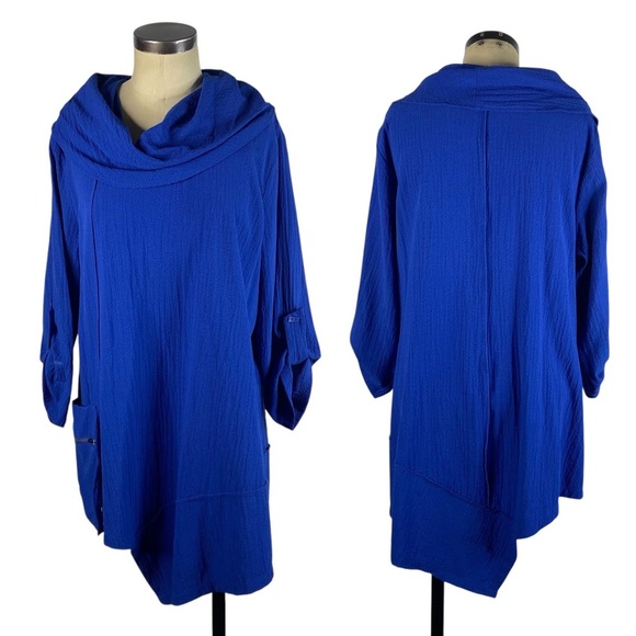 Ali Miles Cowl Neck Asymmetric Hem Tunic Top Large Royal Blue Square Buttons - Picture 10 of 10